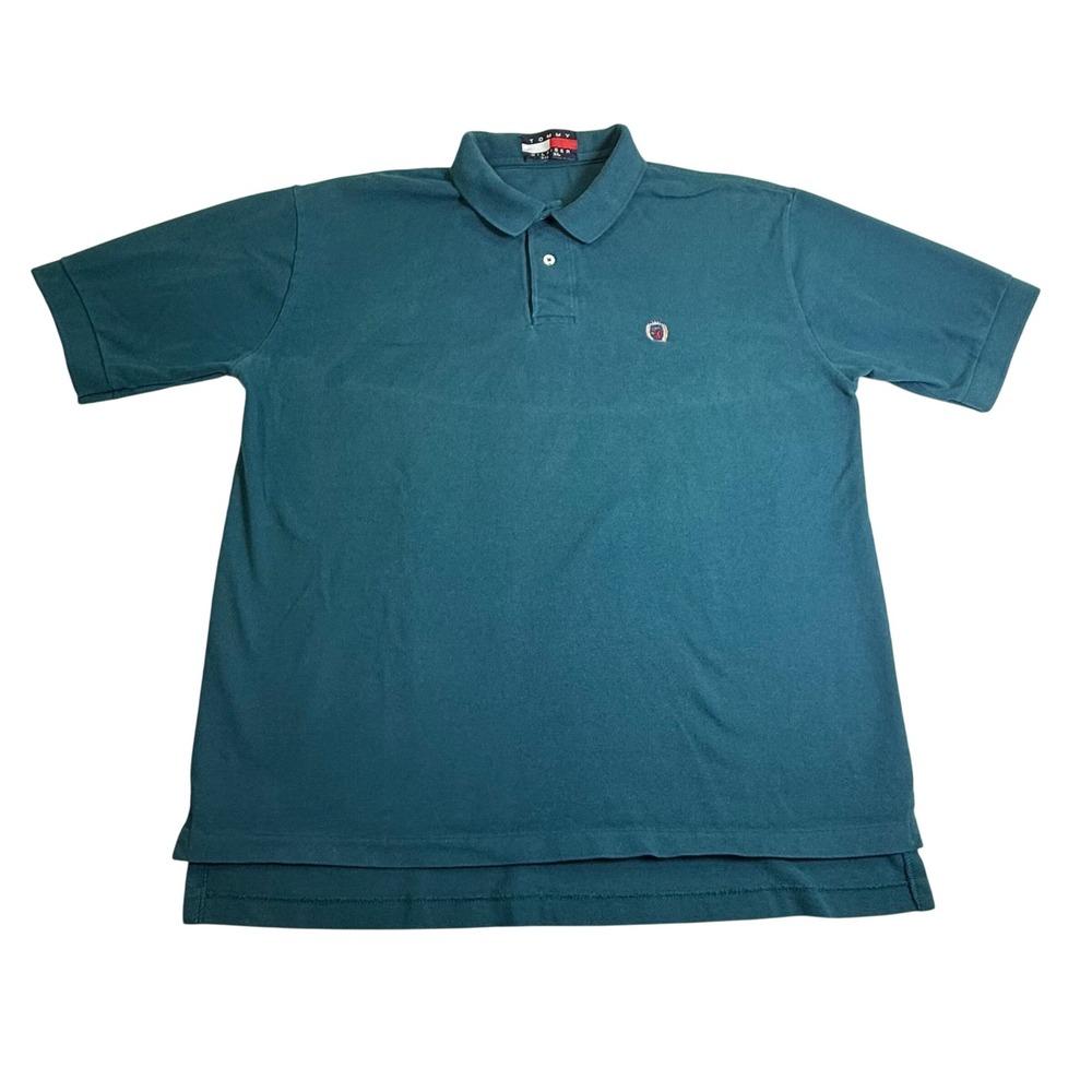 Tommy Hilfiger Polo XL Teal Green 90s Crest Logo Preppy Grandpacore Vintage